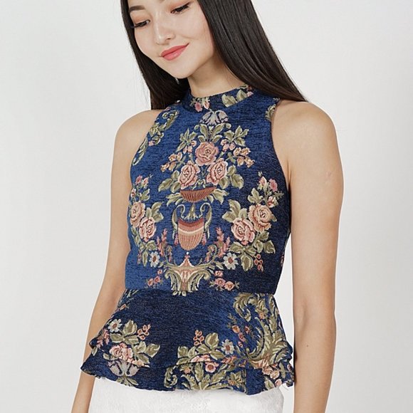 NEW MDS Hanna Peplum Tapestry Velvety Ruffle Sleeveless Top LARGE MEDIUM Floral - Picture 1 of 8